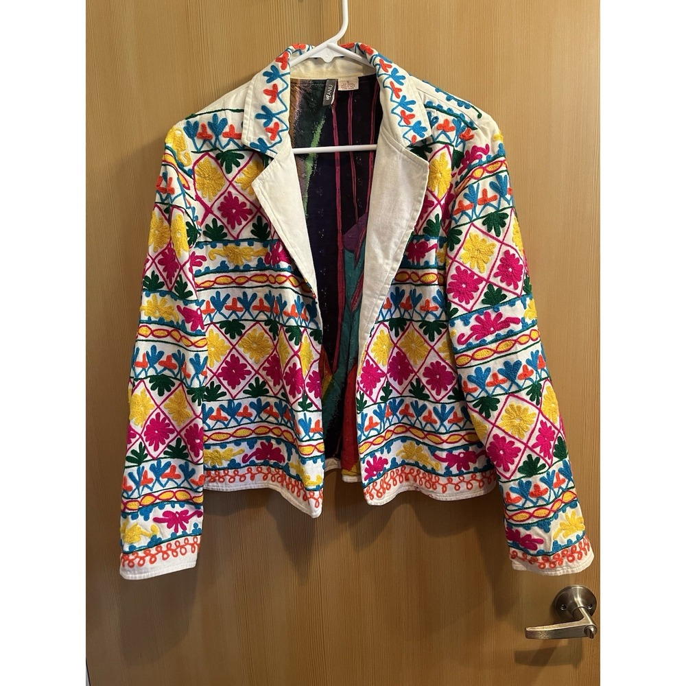 Anu Embroidered Cotton Jacket Womens Small White Multi Floral Boho Open Front - Picture 12 of 12